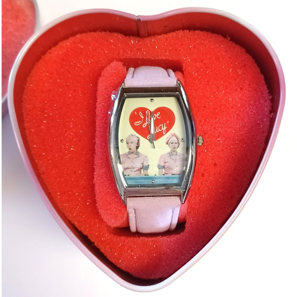 I Love Lucy Watch NWT Pink Band Chocolate Factory Job Switching Heart Tin